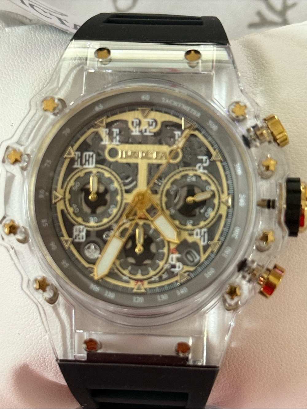 Invicta Gold Skeleton Dial Watch with Clear Case and Black Strap - Picture 4 of 4